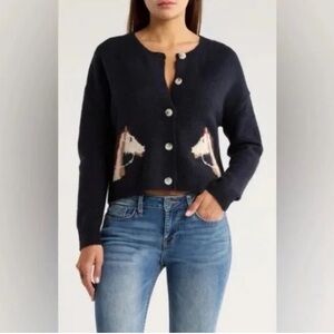 Vigoss Horse Motif Knit Cropped Cardigan Equestrian Preppy Heritage